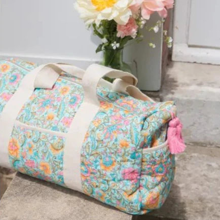 100% Organic Cotton Bowling Bag Ornamental Vintage Trip Duffle Bag Strip Quilting Floral Fabric Weekend Bag