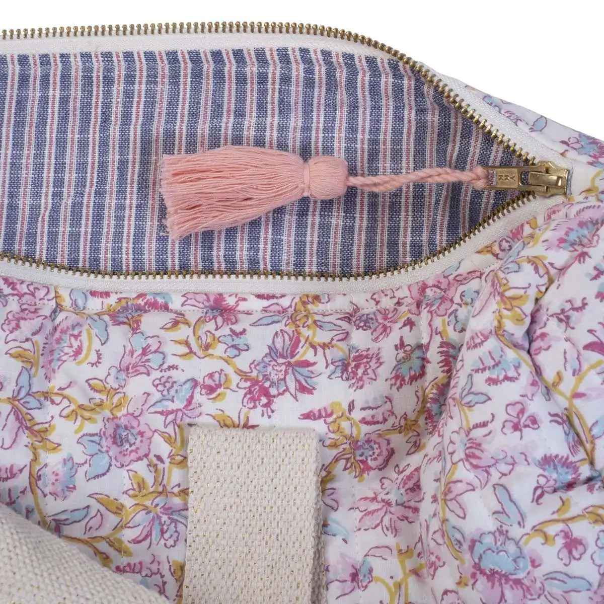 100% Organic Cotton Bowling Bag Ornamental Vintage Trip Duffle Bag Strip Quilting Floral Fabric Weekend Bag