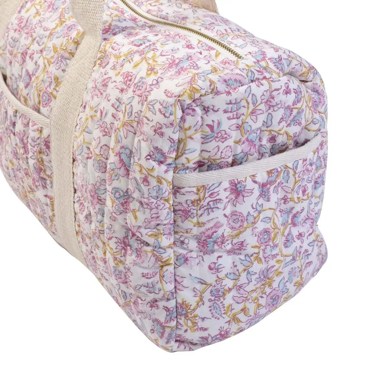 100% Organic Cotton Bowling Bag Ornamental Vintage Trip Duffle Bag Strip Quilting Floral Fabric Weekend Bag