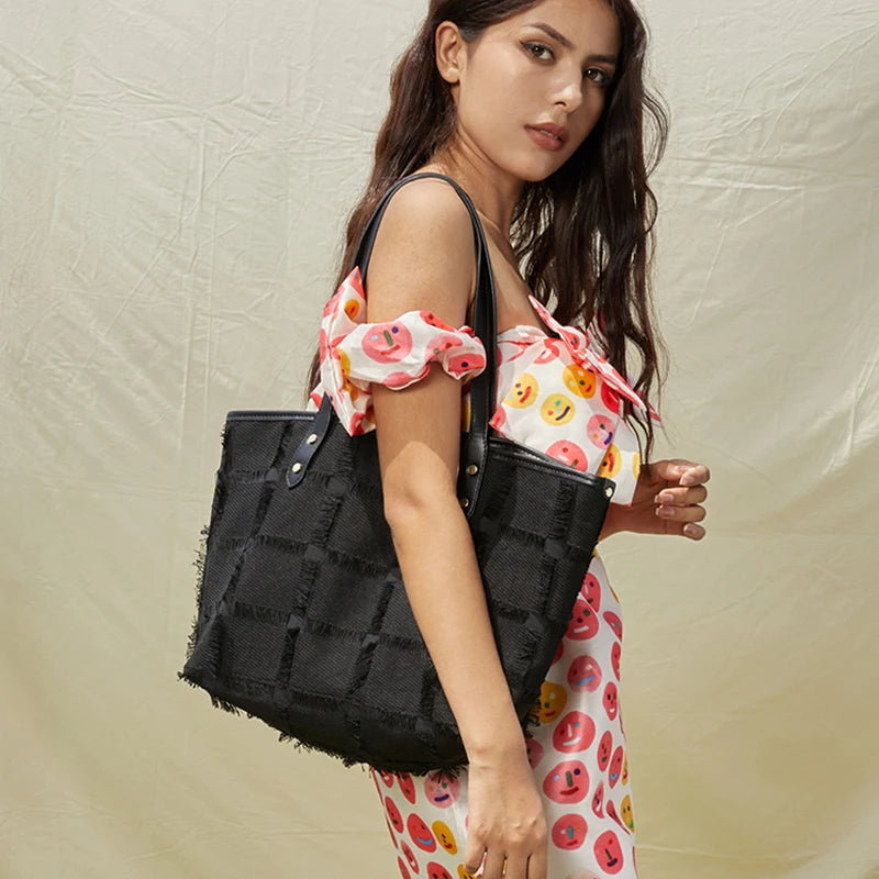 2022 New Large Bag Floral Fabric Plaid Women's Tote Shoulder Bag