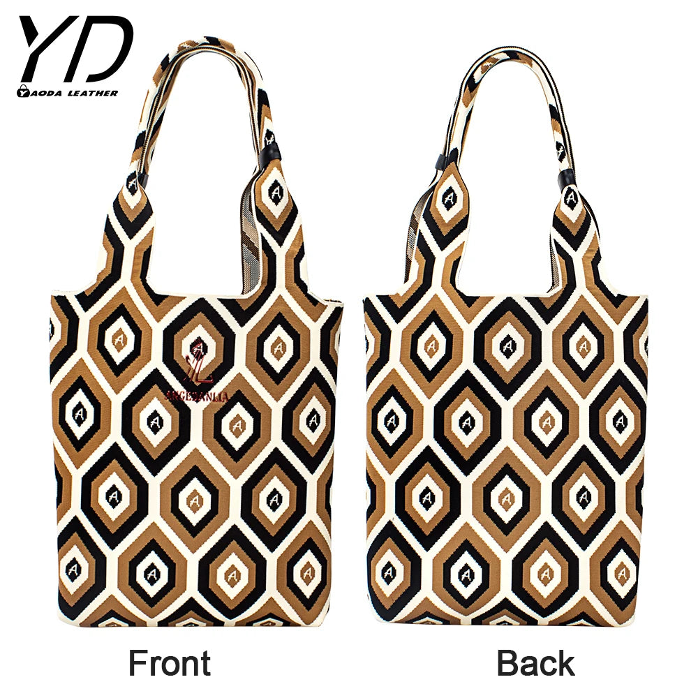 2023 New Fashion Large Symbole Embroidered Tote Bag Geometric Patterned Woven Knit Bag