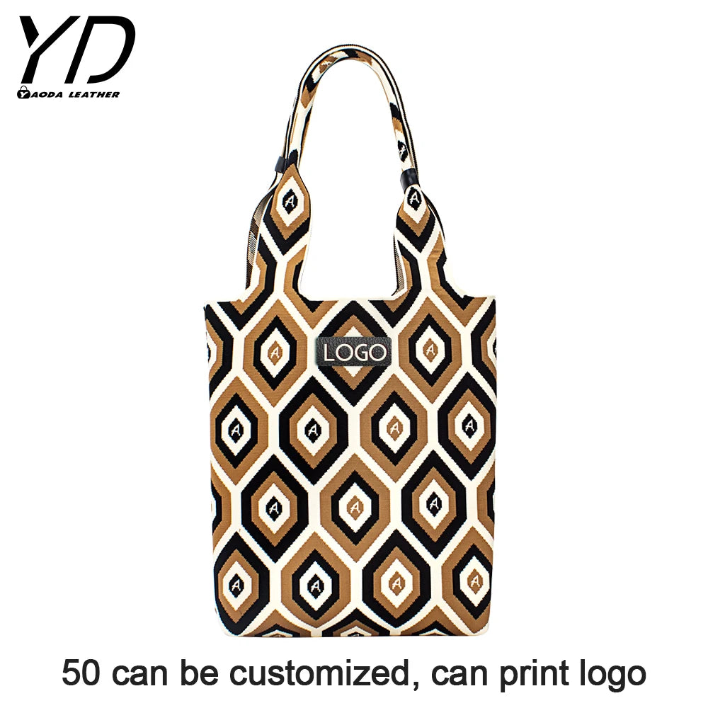2023 New Fashion Large Symbole Embroidered Tote Bag Geometric Patterned Woven Knit Bag