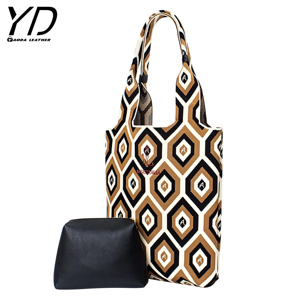 2023 New Fashion Large Symbole Embroidered Tote Bag Geometric Patterned Woven Knit Bag
