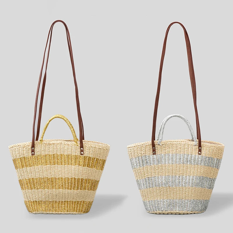 2023 New Vegetable Basket Handmade Straw Bag Large Capacity Simple Striped Shoulder Bag
