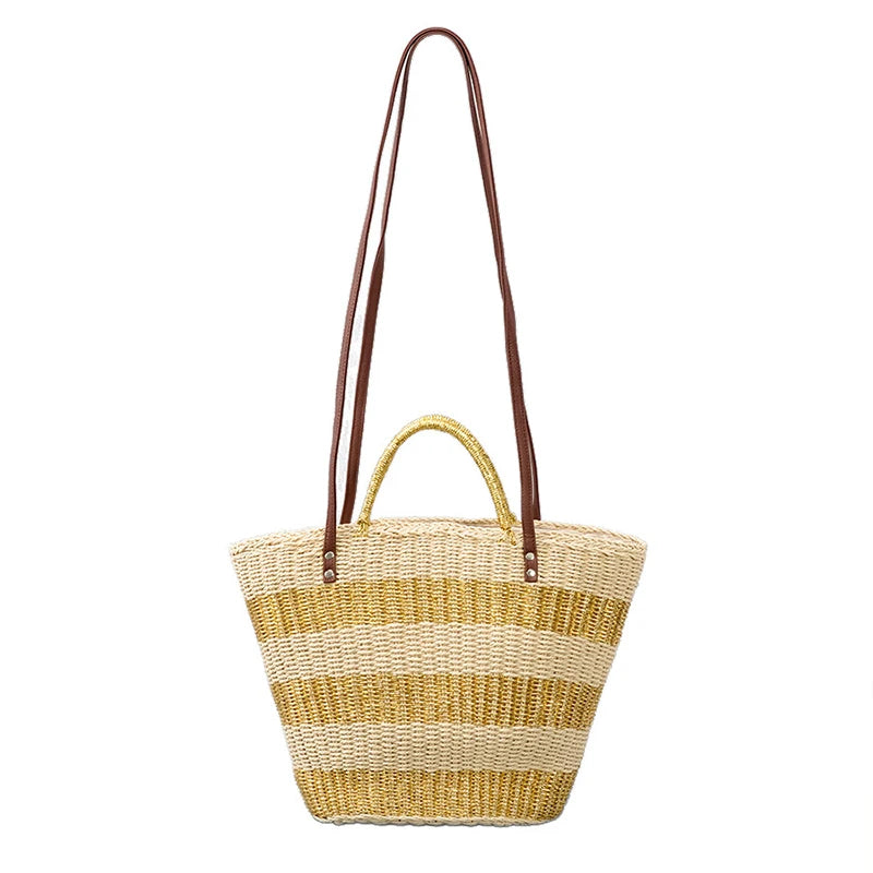 2023 New Vegetable Basket Handmade Straw Bag Large Capacity Simple Striped Shoulder Bag