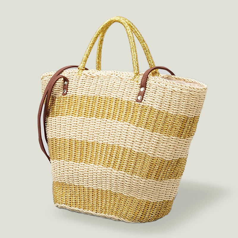 2023 New Vegetable Basket Handmade Straw Bag Large Capacity Simple Striped Shoulder Bag