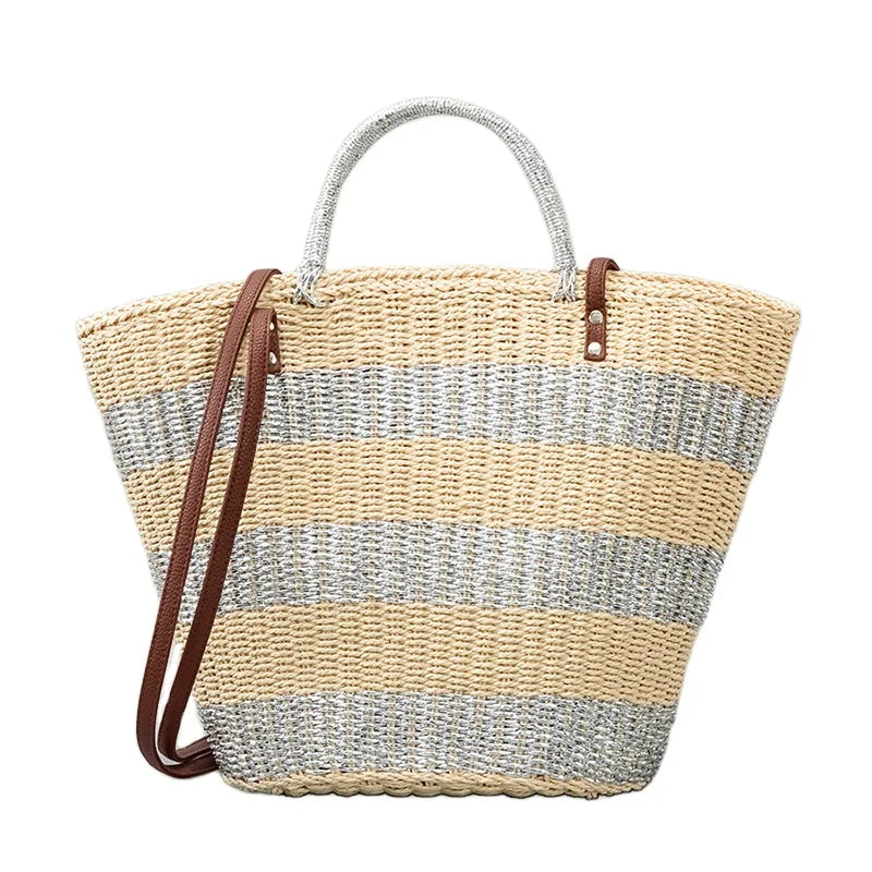 2023 New Vegetable Basket Handmade Straw Bag Large Capacity Simple Striped Shoulder Bag