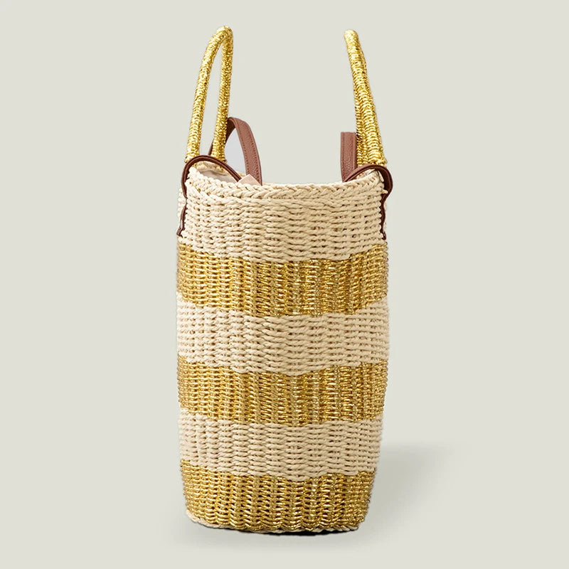 2023 New Vegetable Basket Handmade Straw Bag Large Capacity Simple Striped Shoulder Bag