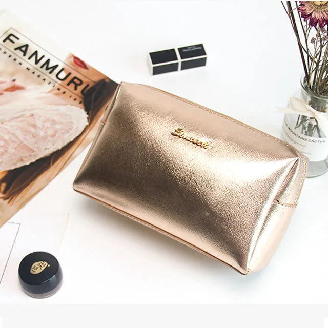 2023 Popular Rose Gold Exquisite Bright Leather Waterproof PU Cosmetic Bag