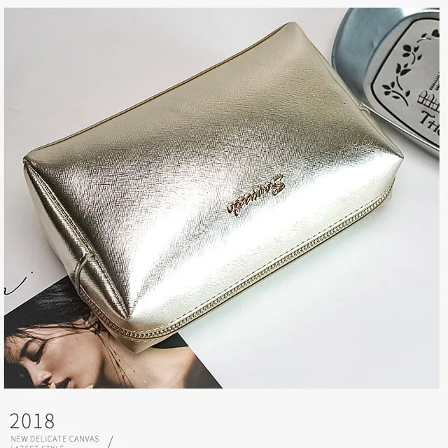 2023 Popular Rose Gold Exquisite Bright Leather Waterproof PU Cosmetic Bag