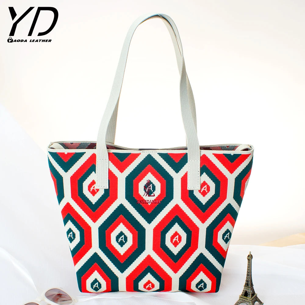 2024 New Design Contrasting Ripple Knitted Shoulder Bag Large Capacity Handbag