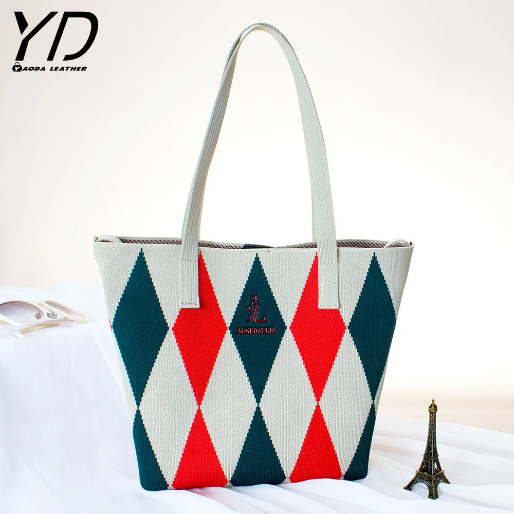 2024 New Design Contrasting Ripple Knitted Shoulder Bag Large Capacity Handbag