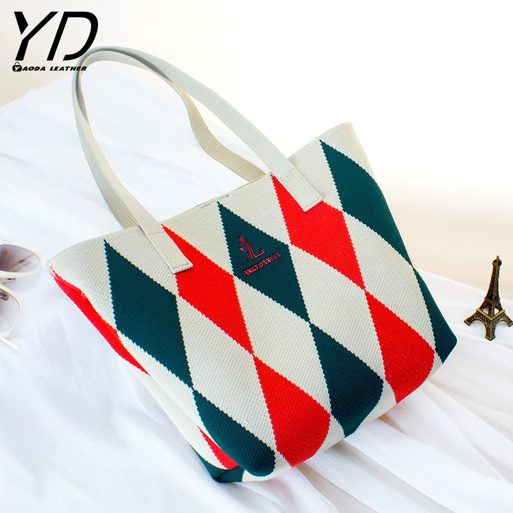 2024 New Design Contrasting Ripple Knitted Shoulder Bag Large Capacity Handbag