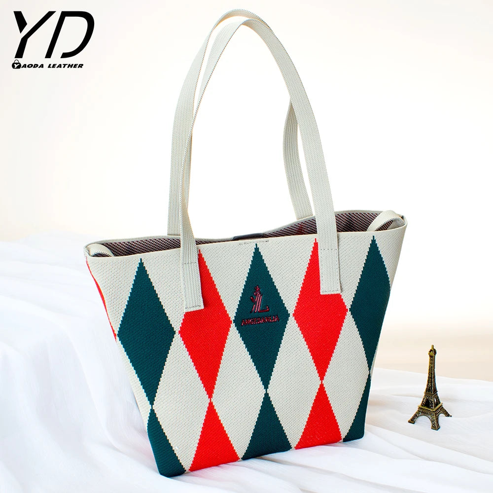 2024 New Design Contrasting Ripple Knitted Shoulder Bag Large Capacity Handbag