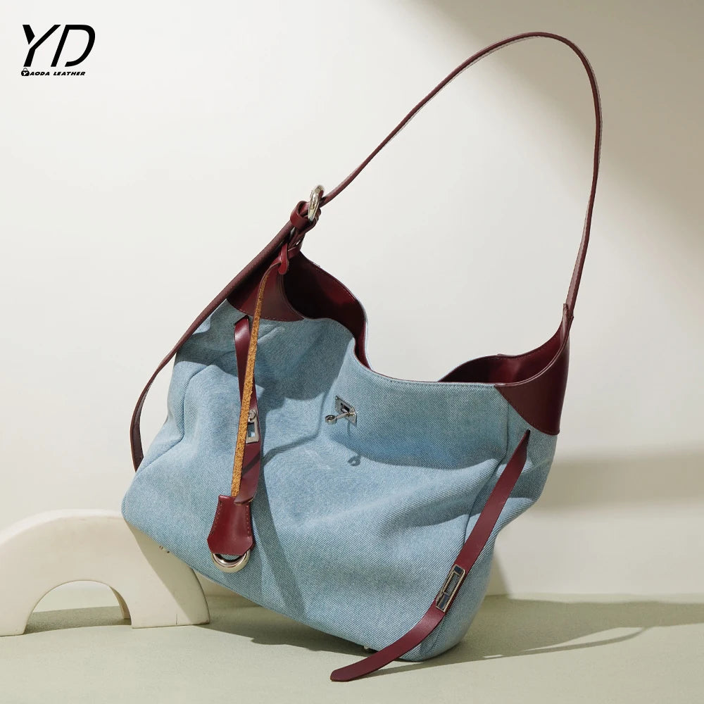2025 Genuine Leather and Denim Tote Bag Shoulder Bag Women Clutch Bag