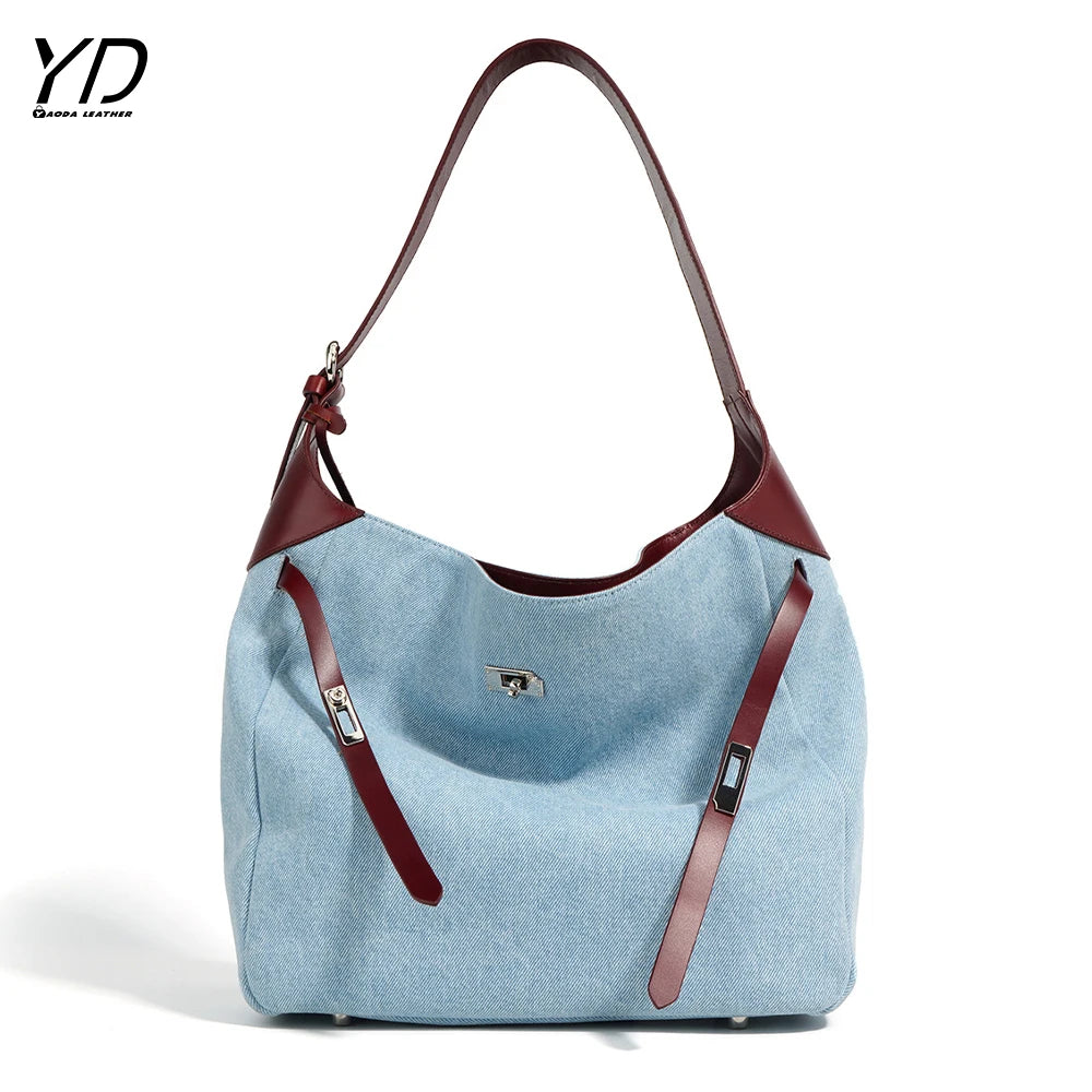 2025 Genuine Leather and Denim Tote Bag Shoulder Bag Women Clutch Bag
