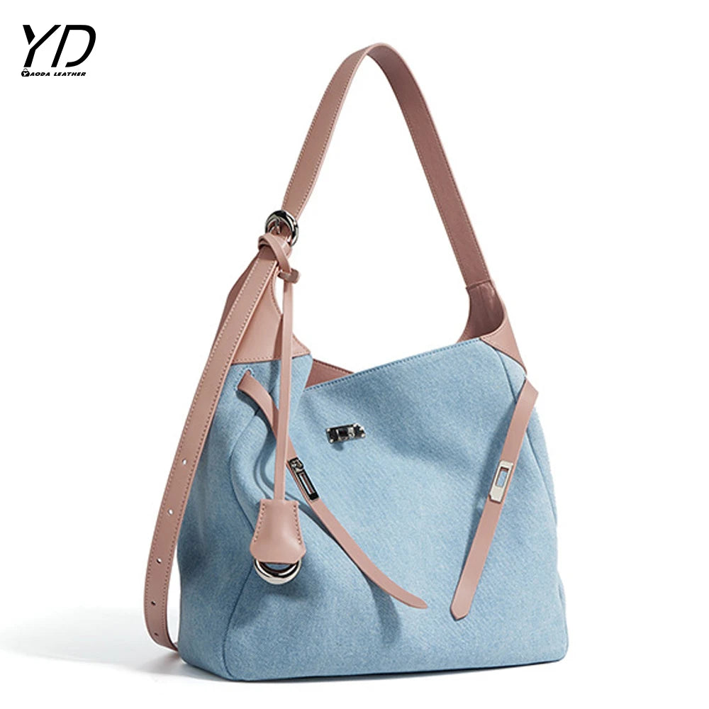 2025 Genuine Leather and Denim Tote Bag Shoulder Bag Women Clutch Bag