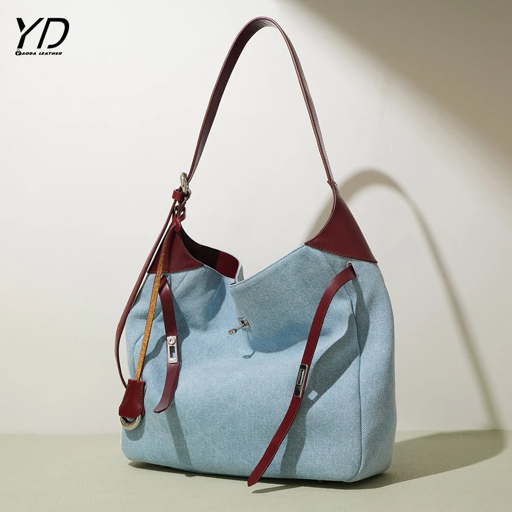 2025 Genuine Leather and Denim Tote Bag Shoulder Bag Women Clutch Bag