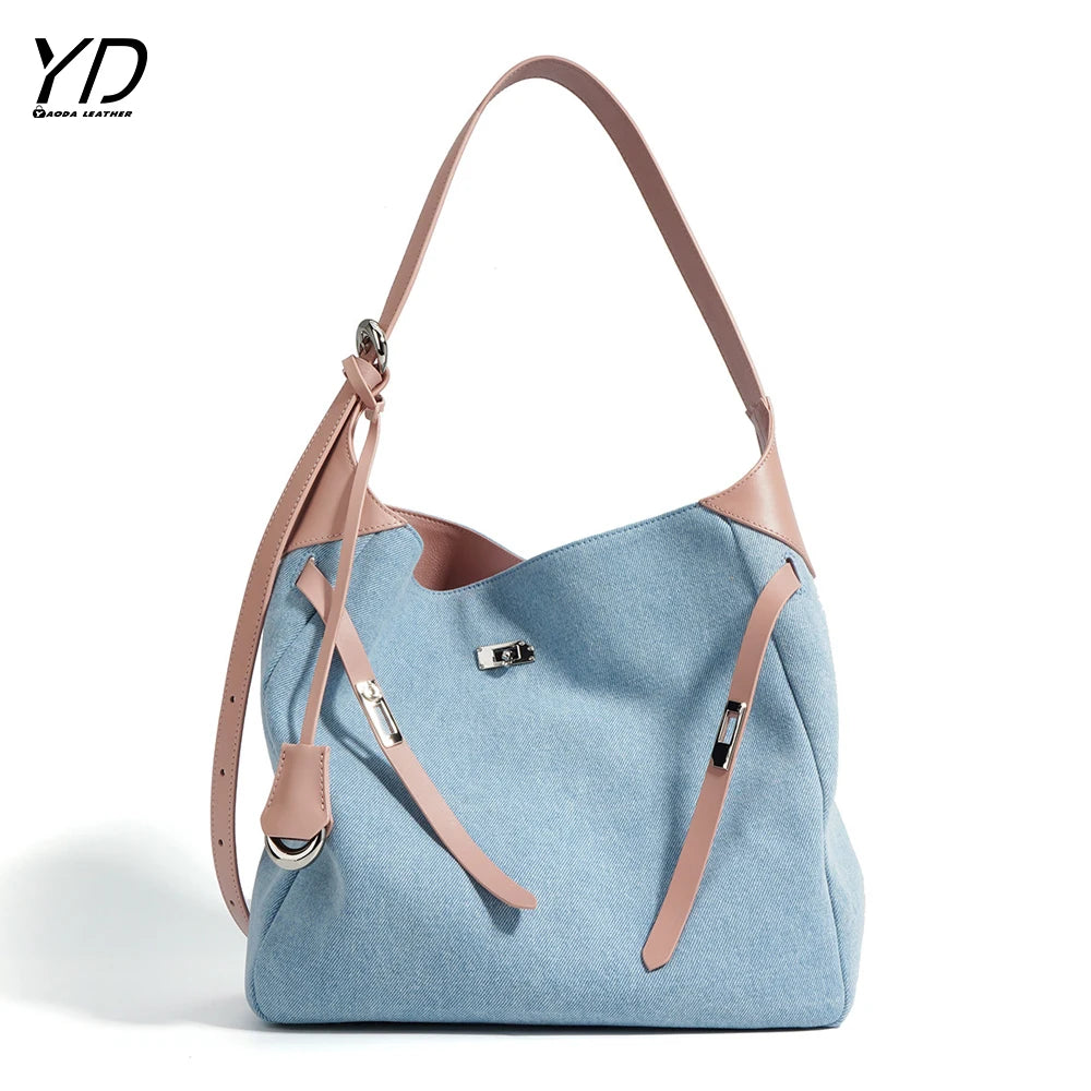 2025 Genuine Leather and Denim Tote Bag Shoulder Bag Women Clutch Bag