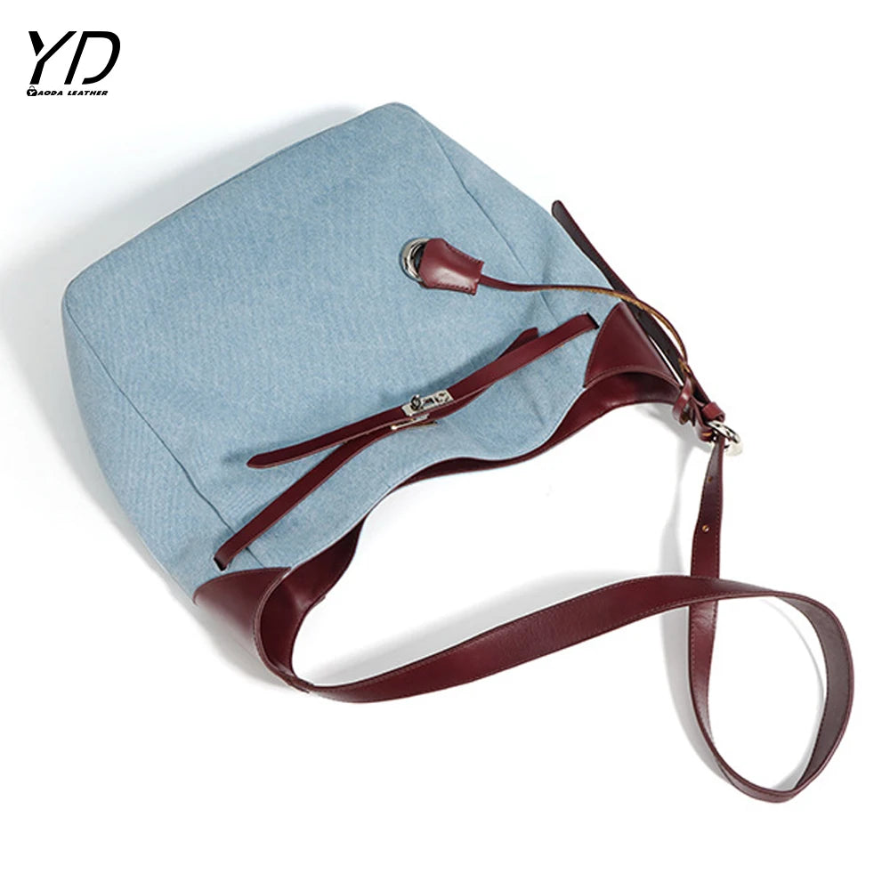 2025 Genuine Leather and Denim Tote Bag Shoulder Bag Women Clutch Bag