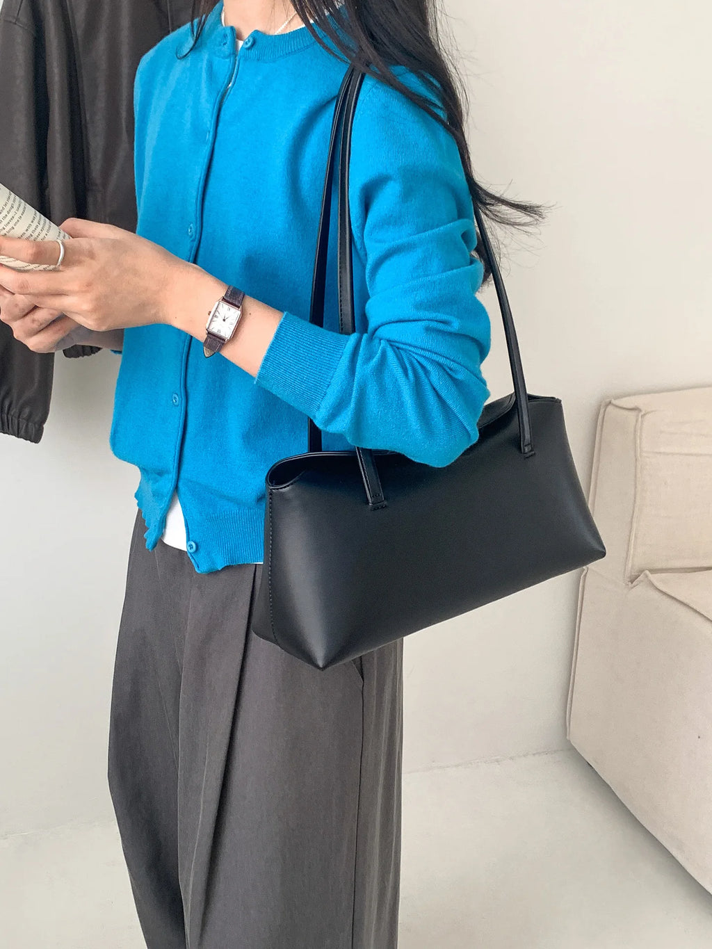 2025 Korean Style Simple All-match Fashion Women's Handbag Solid Color Flip PU Shoulder Bag Two Straps Polyester