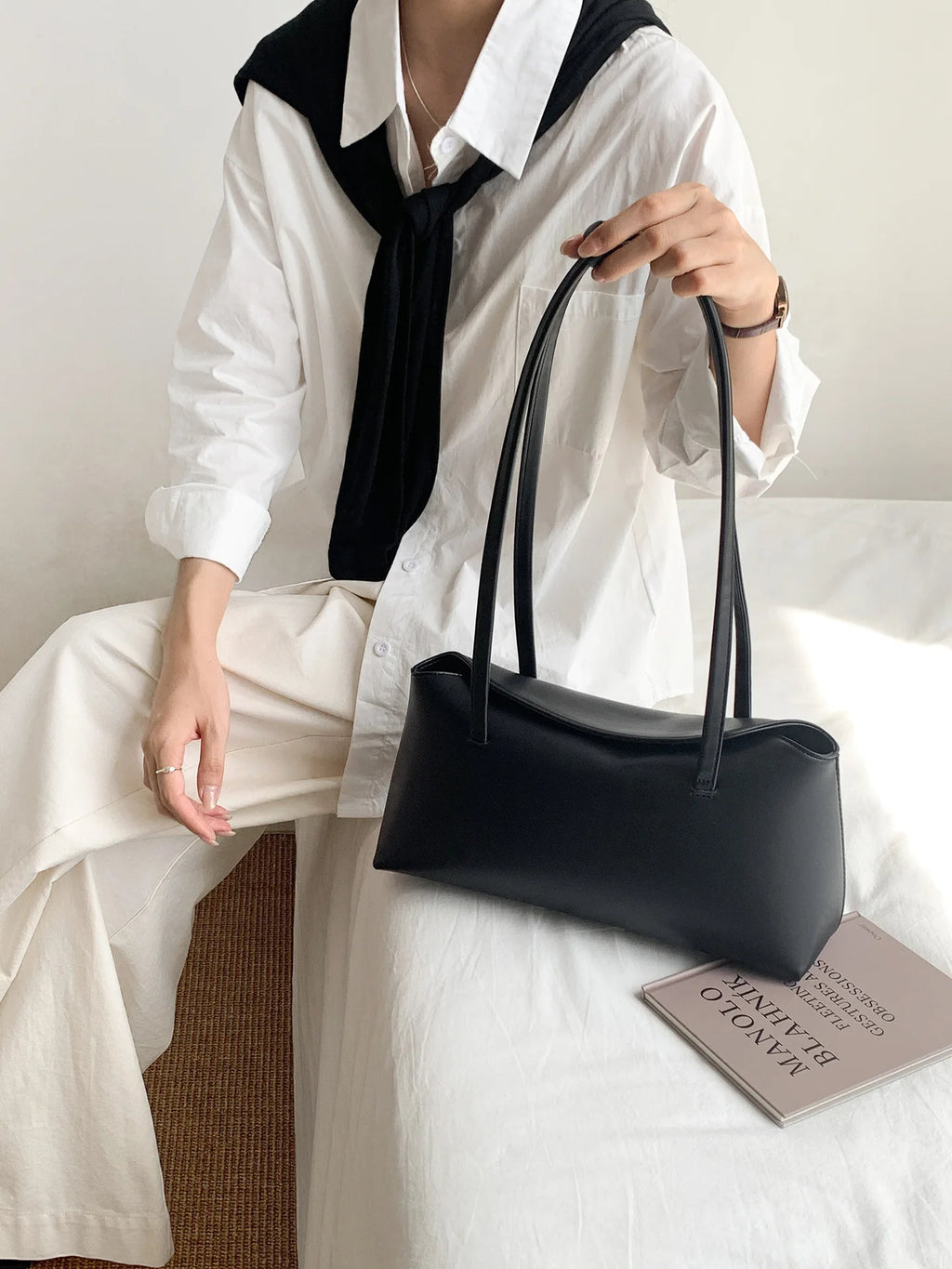 2025 Korean Style Simple All-match Fashion Women's Handbag Solid Color Flip PU Shoulder Bag Two Straps Polyester