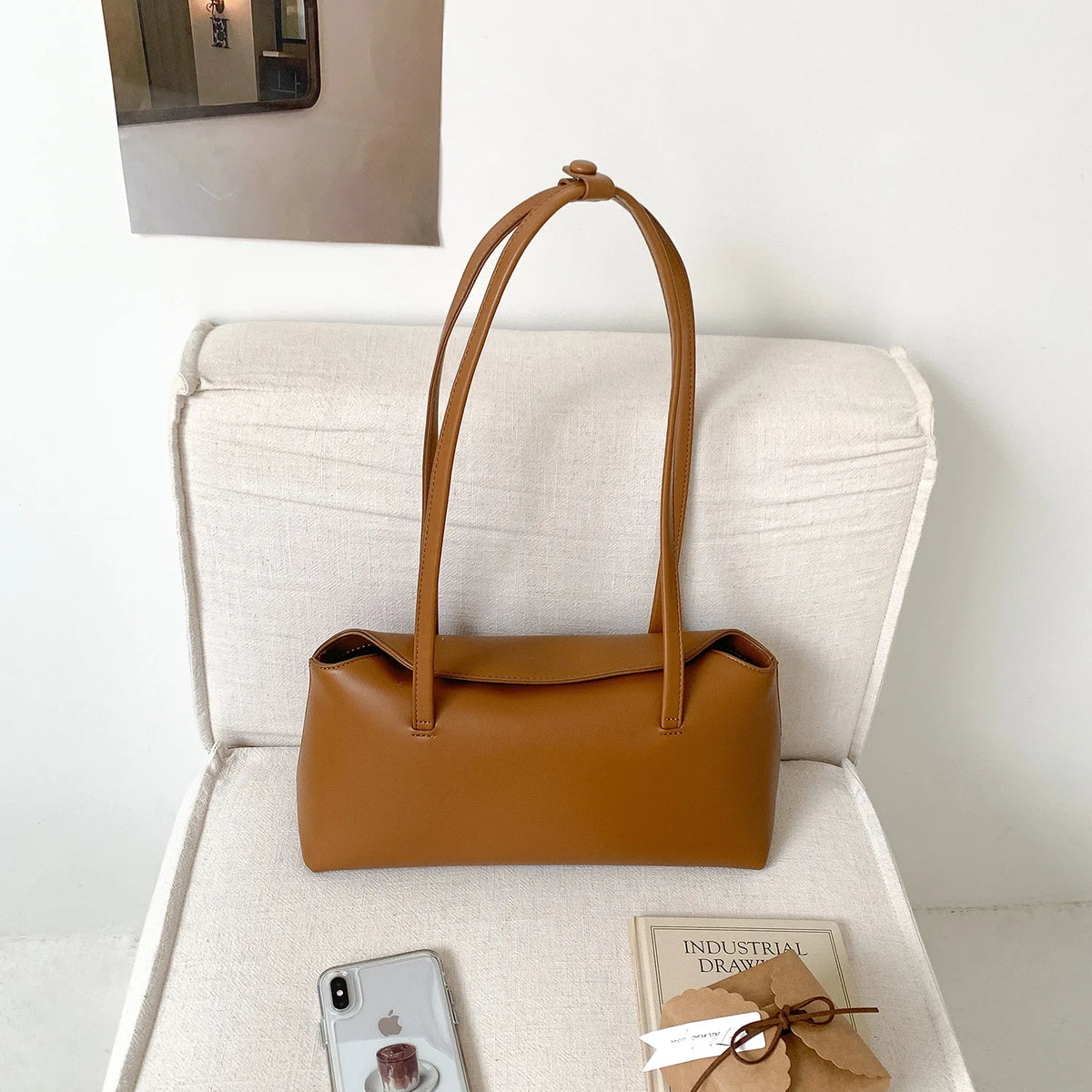 2025 Korean Style Simple All-match Fashion Women's Handbag Solid Color Flip PU Shoulder Bag Two Straps Polyester