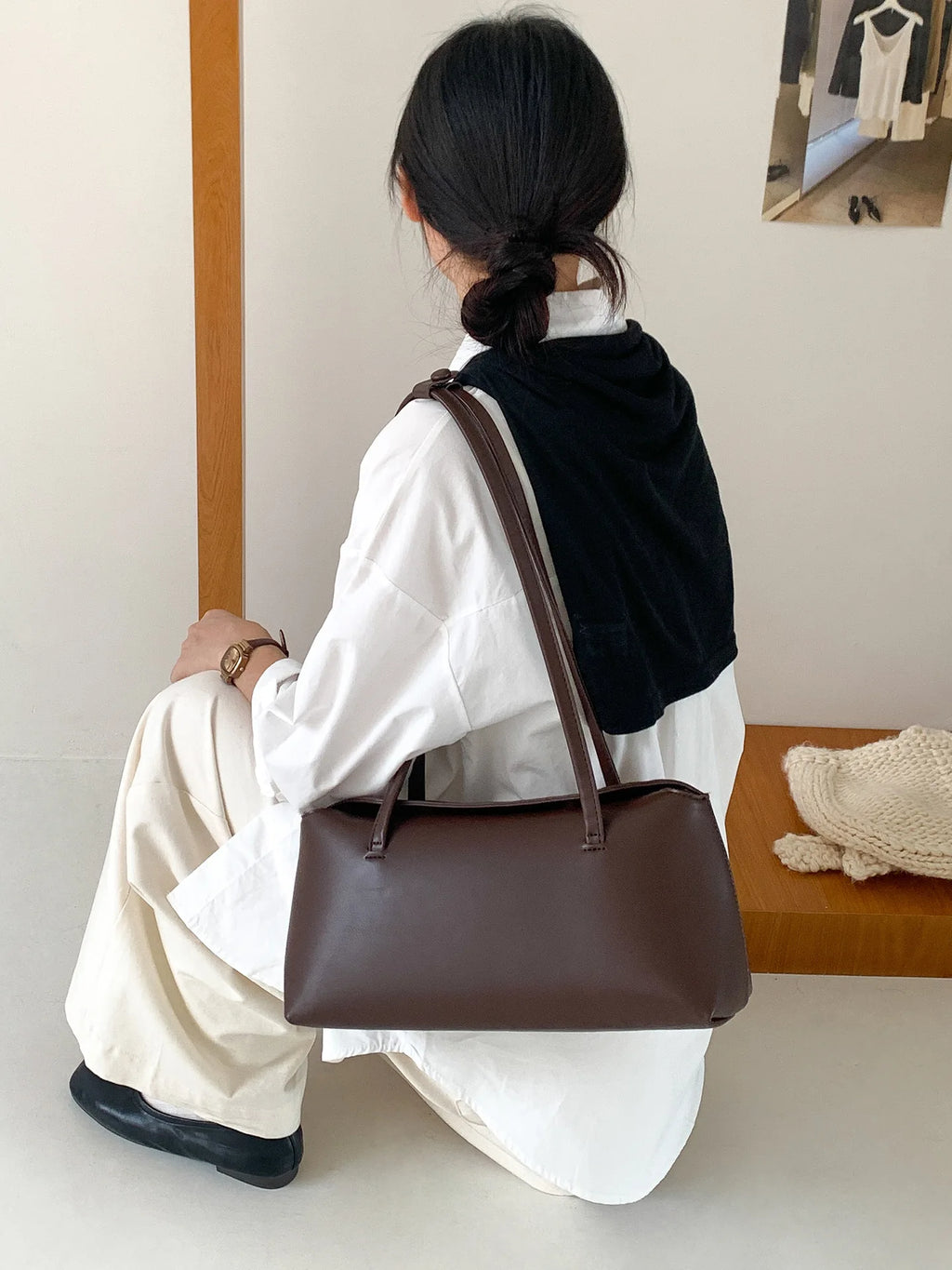 2025 Korean Style Simple All-match Fashion Women's Handbag Solid Color Flip PU Shoulder Bag Two Straps Polyester