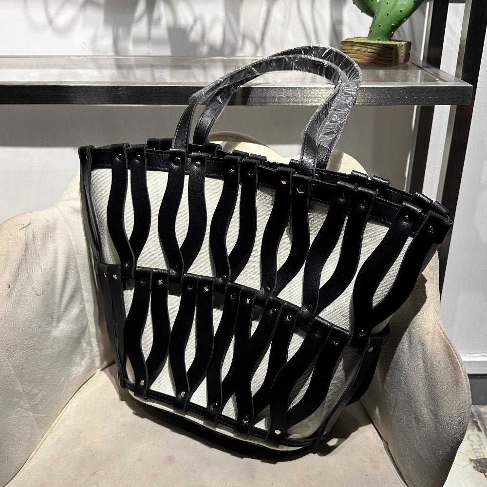 2025 New Beach Contrasting Color Hollow Out Temperament Large Capacity PU Single Shoulder Handbag