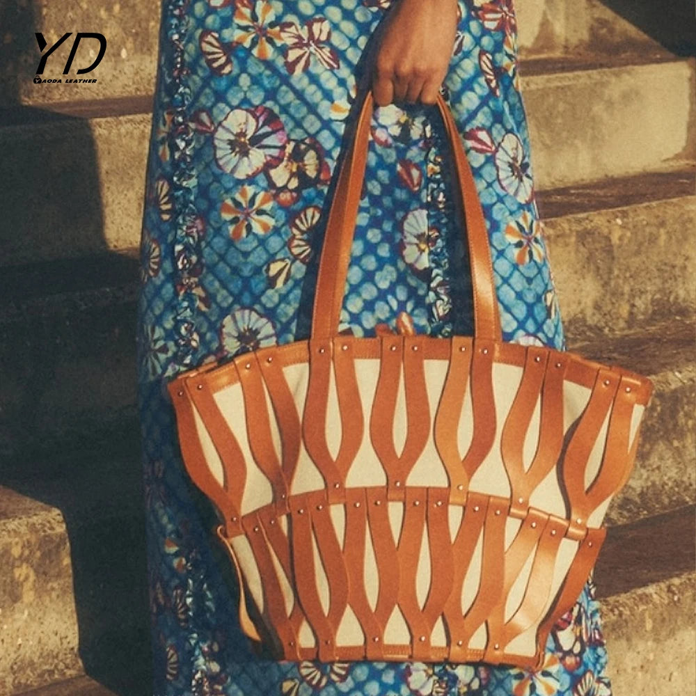 2025 New Beach Contrasting Color Hollow Out Temperament Large Capacity PU Single Shoulder Handbag