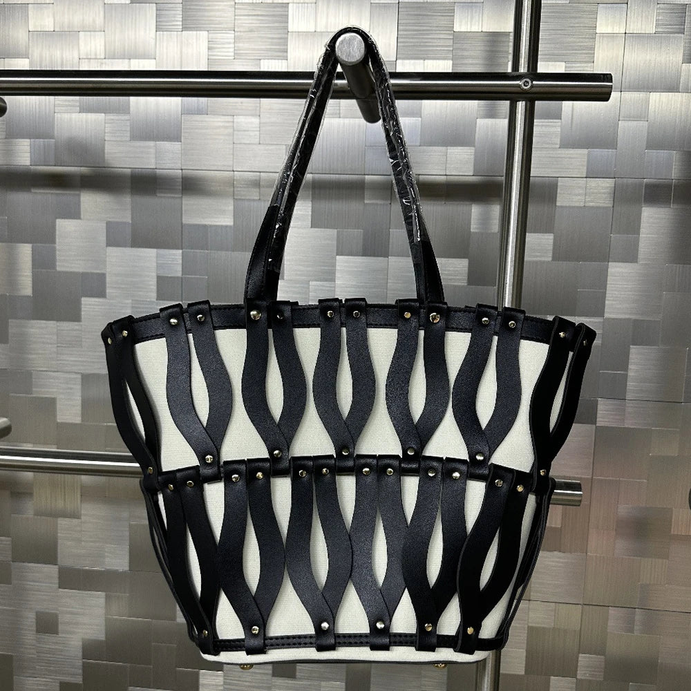 2025 New Beach Contrasting Color Hollow Out Temperament Large Capacity PU Single Shoulder Handbag