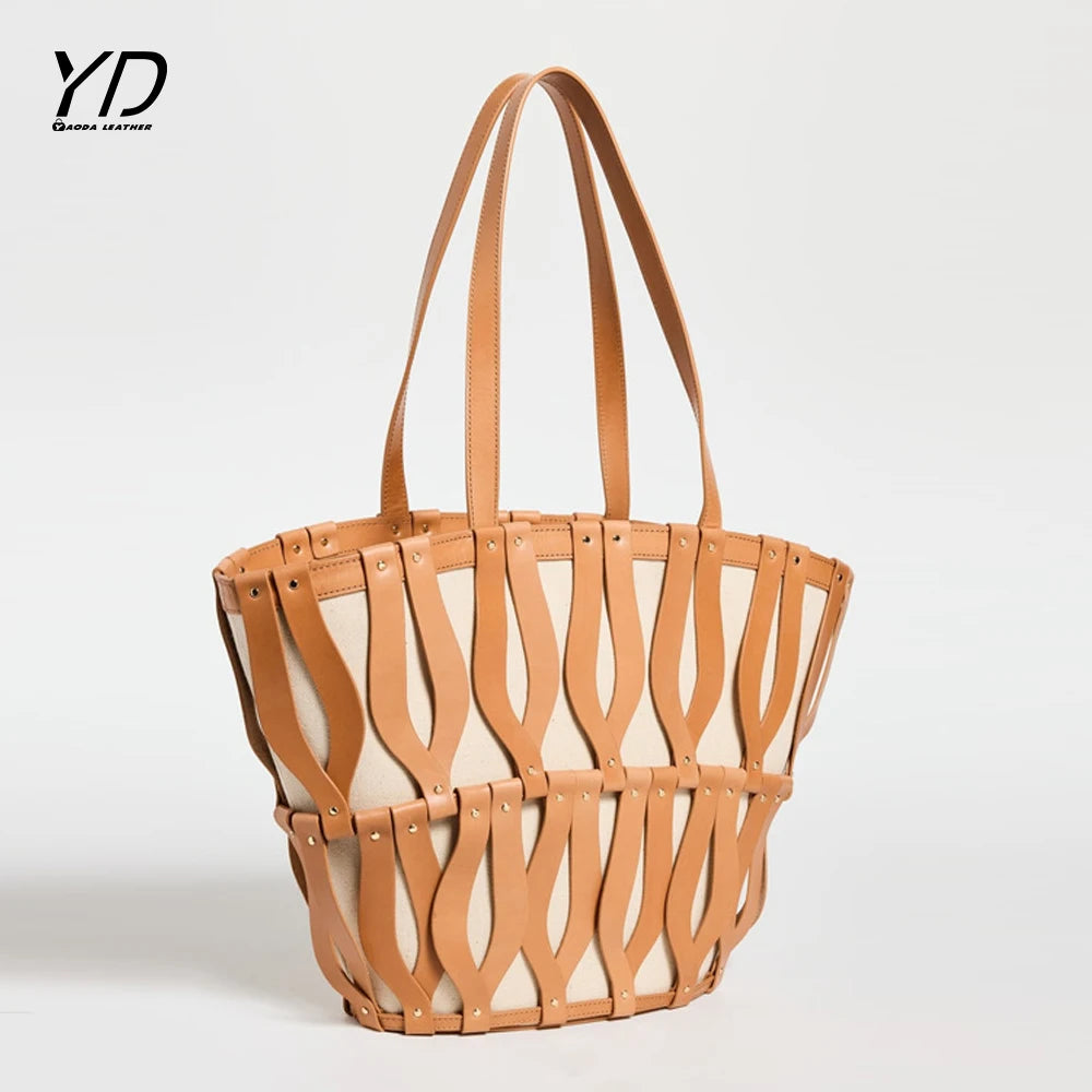 2025 New Beach Contrasting Color Hollow Out Temperament Large Capacity PU Single Shoulder Handbag