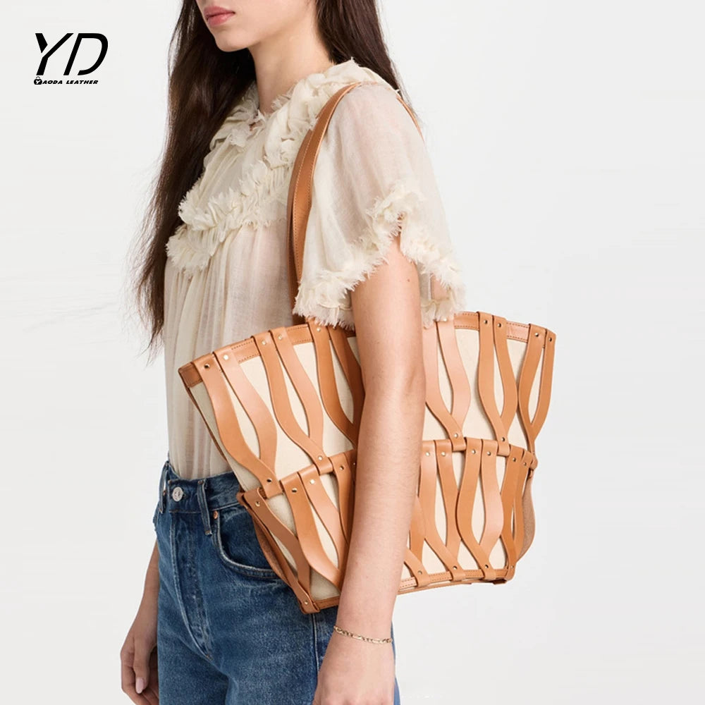 2025 New Beach Contrasting Color Hollow Out Temperament Large Capacity PU Single Shoulder Handbag