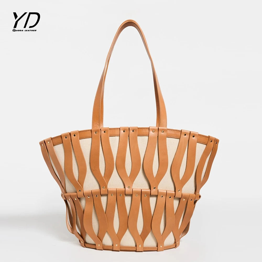 2025 New Beach Contrasting Color Hollow Out Temperament Large Capacity PU Single Shoulder Handbag