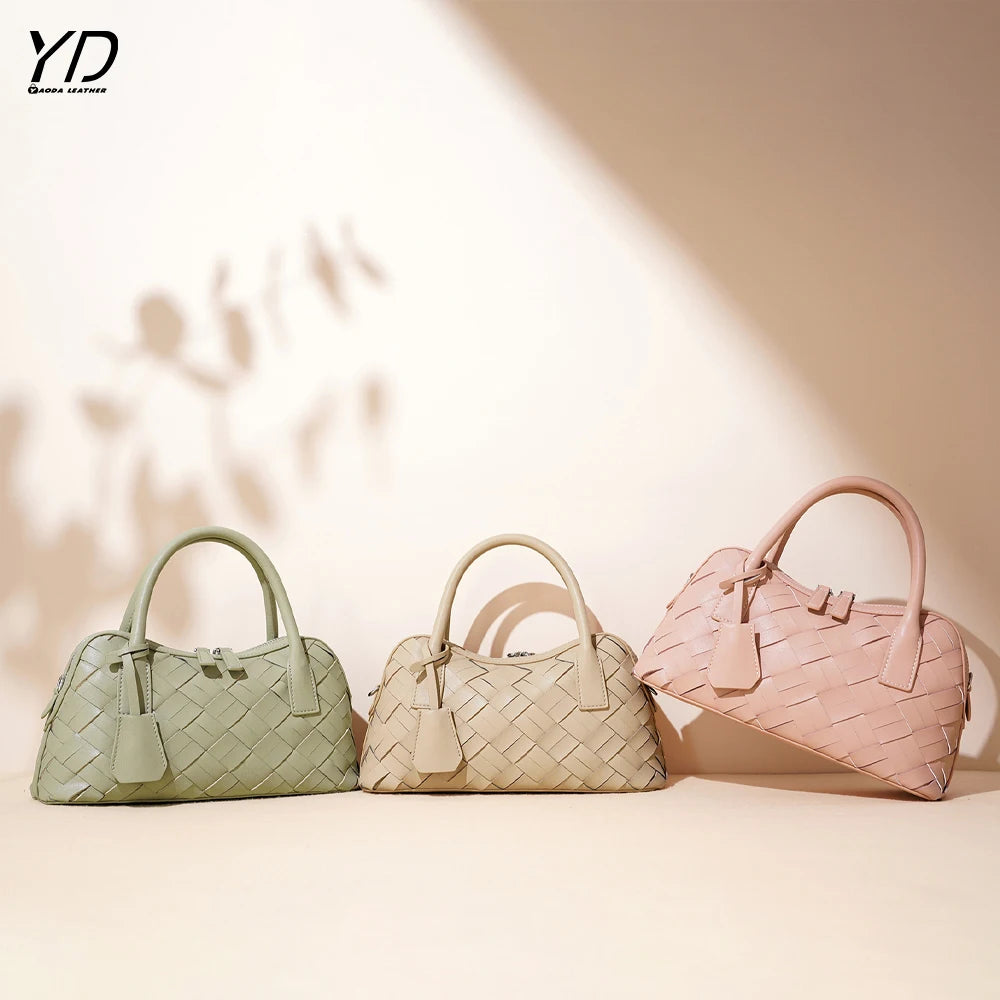 2025 New Genuine Leather Woven Bag Boston Bag Spring Casual Fashion Cowhide Hand-woven Women's Handbag