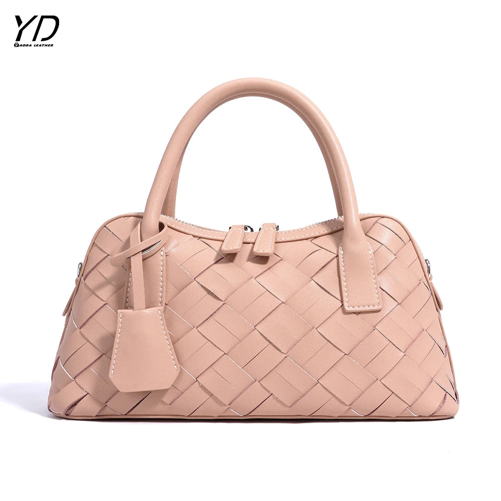 2025 New Genuine Leather Woven Bag Boston Bag Spring Casual Fashion Cowhide Hand-woven Women's Handbag