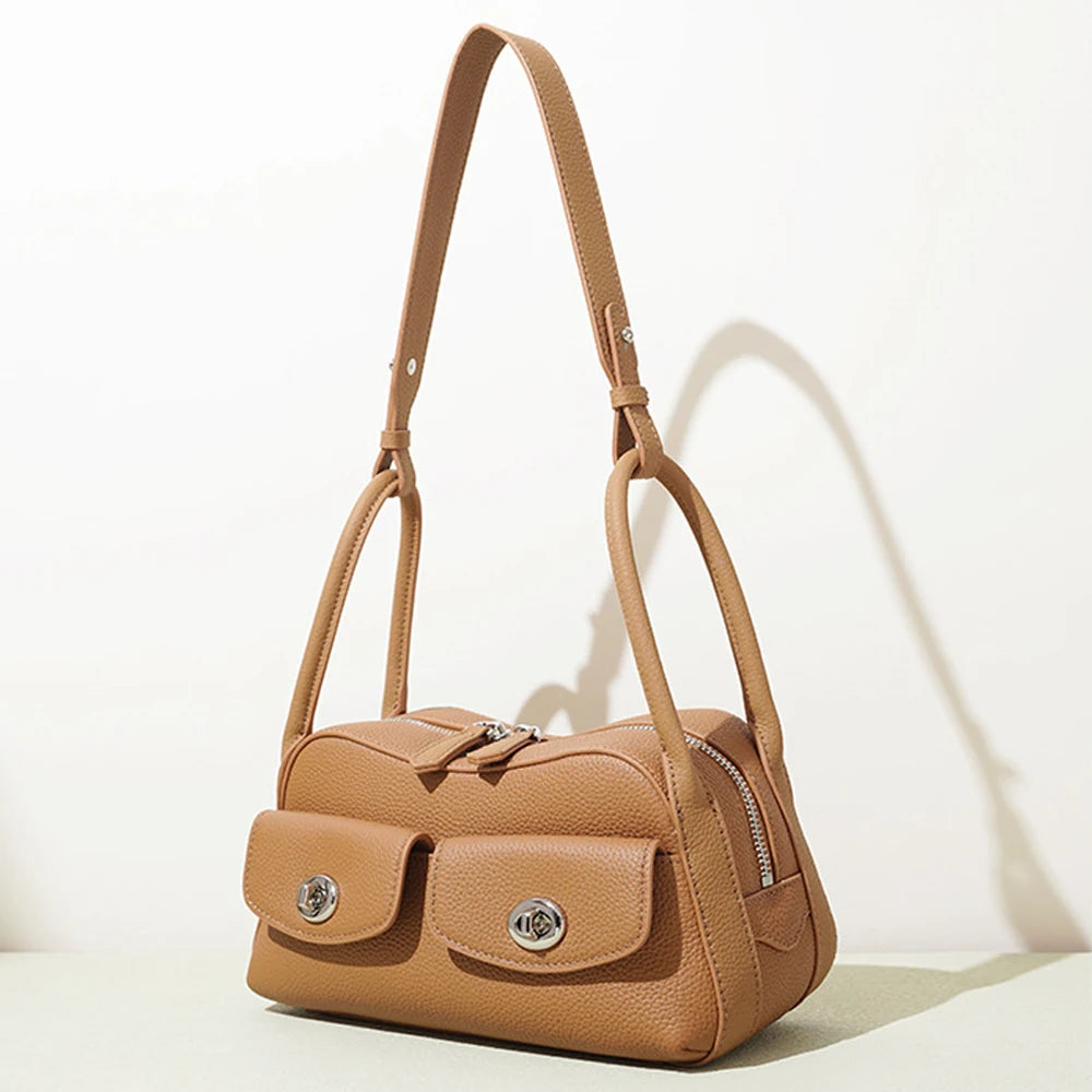 2025 New Niche Design Women's Shoulder Bag High-End Genuine Leather Handbag Polyester Lining Versatile Crossbody Bag