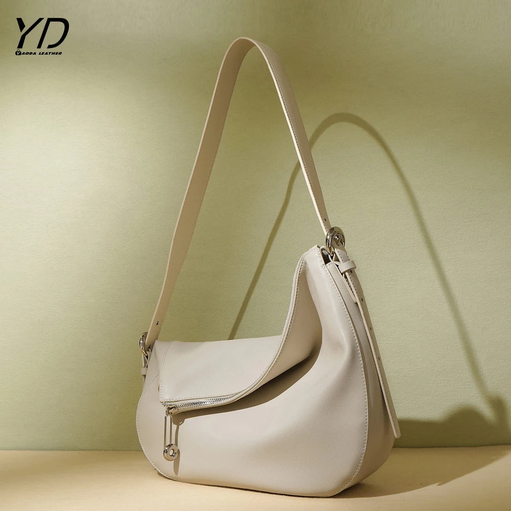2025 Women's Genuine Leather Casual Shoulder Hobo Bag With Adjustable Length Handle and Small Purse Folded Handbags