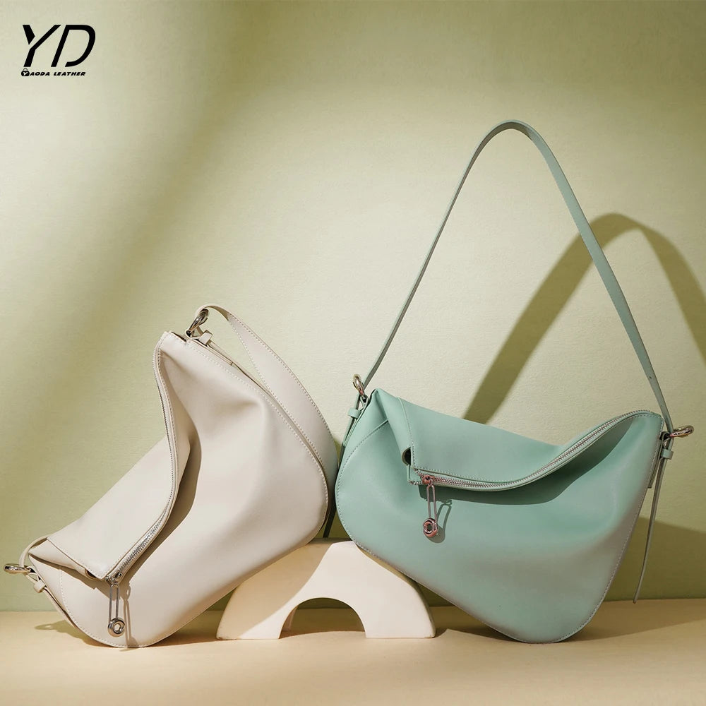 2025 Women's Genuine Leather Casual Shoulder Hobo Bag With Adjustable Length Handle and Small Purse Folded Handbags