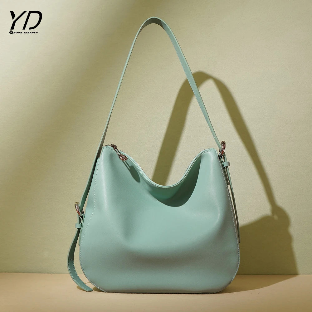 2025 Women's Genuine Leather Casual Shoulder Hobo Bag With Adjustable Length Handle and Small Purse Folded Handbags