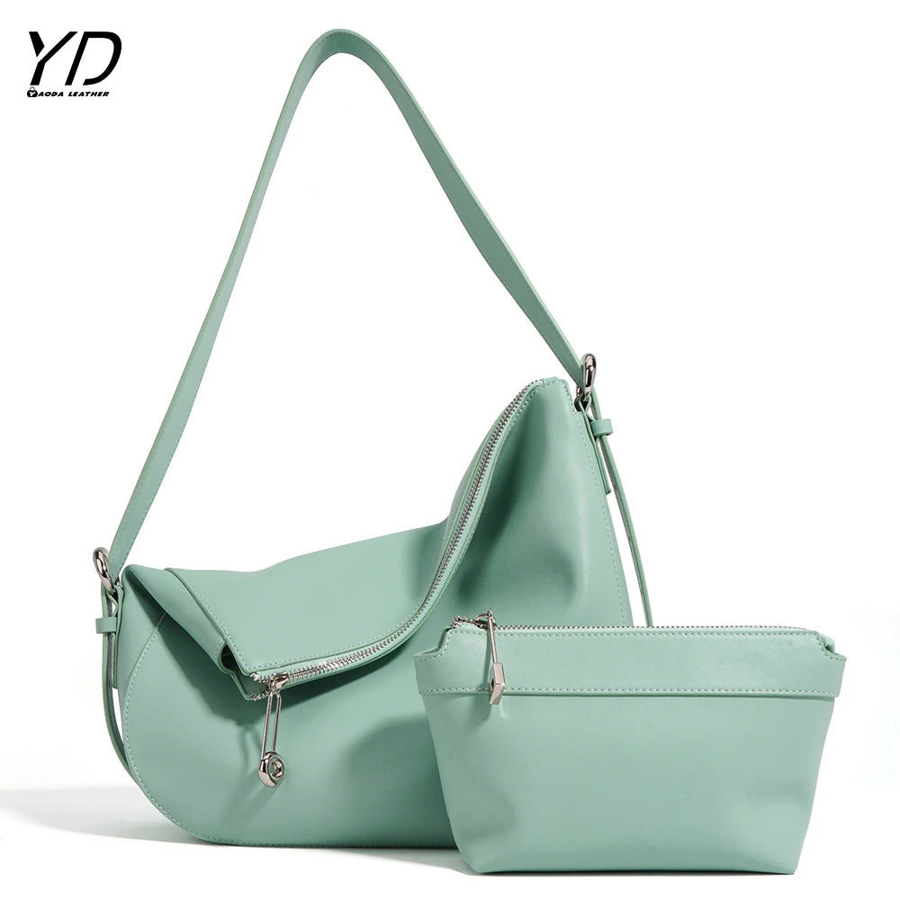 2025 Women's Genuine Leather Casual Shoulder Hobo Bag With Adjustable Length Handle and Small Purse Folded Handbags