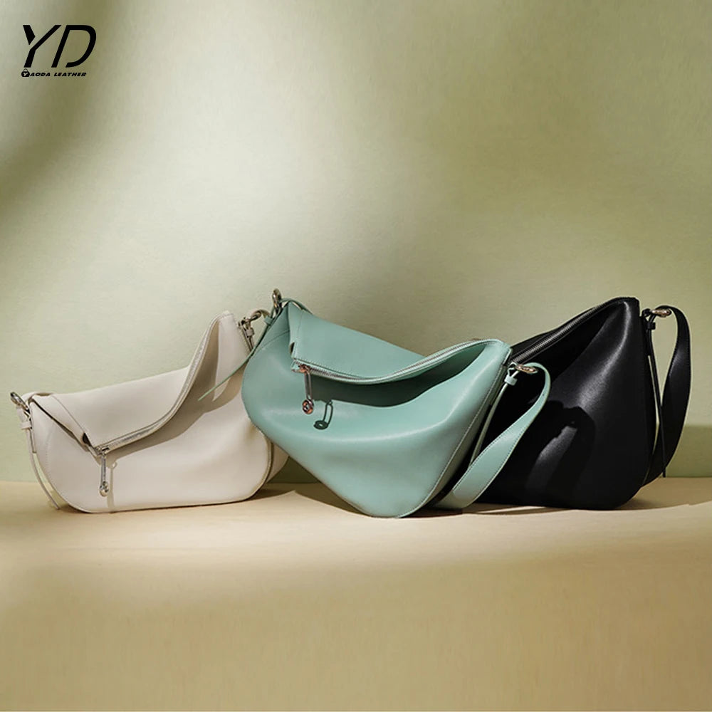 2025 Women's Genuine Leather Casual Shoulder Hobo Bag With Adjustable Length Handle and Small Purse Folded Handbags
