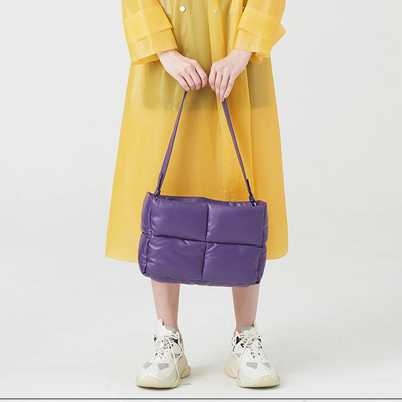 2025 square Plaid Down Handbag Filled With Cotton Women's Bag Plaid Soft Autumn and Winter Handbag