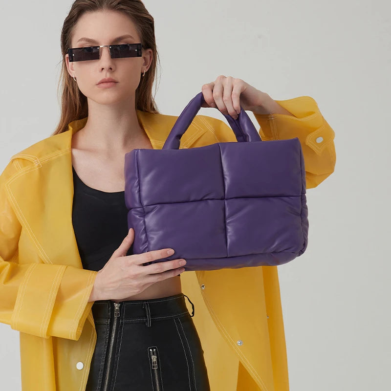 2025 square Plaid Down Handbag Filled With Cotton Women's Bag Plaid Soft Autumn and Winter Handbag