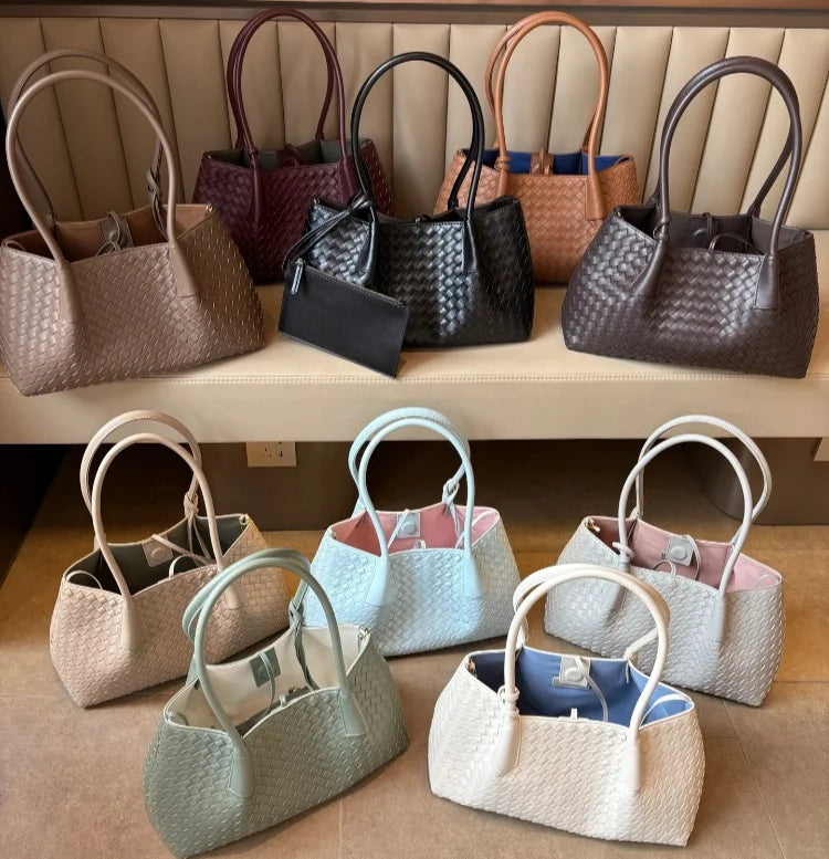 2026 Genuine Leather Woven Bags Design Fashion Cowhide Woven Women's Handbags Casual Style Ladies Shoulder Bags