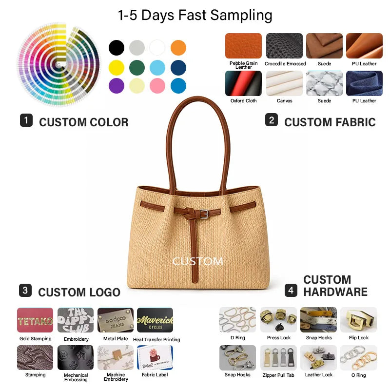 2026 New Arrival custom made PU Handbag Vintage Women Summer Vacation Beach Casual Tote Bag Large Capacity Zipper Closure Waterproof