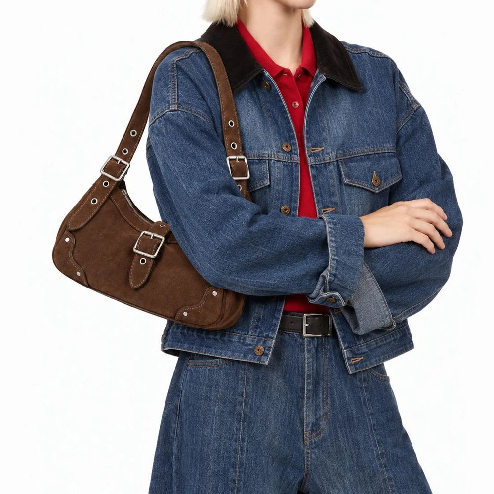 2026 New Fashion Retro Rivet Underarm Bag Suede Faux Fur Shoulder Bag