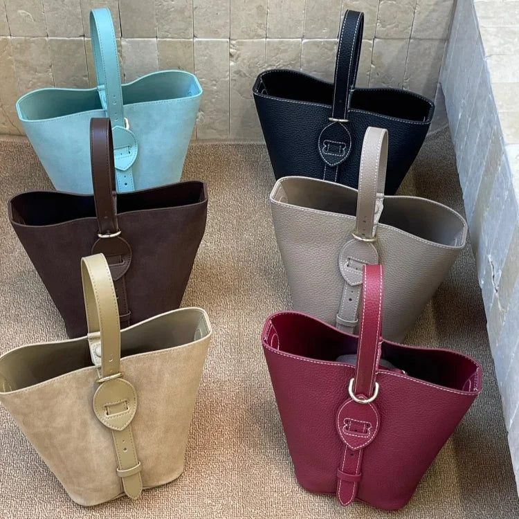2026 New Genuine Leather Bucket Bags for Women Casual Fashion High Quality Suede Cowhide Women's Handbags Shoulder Bags
