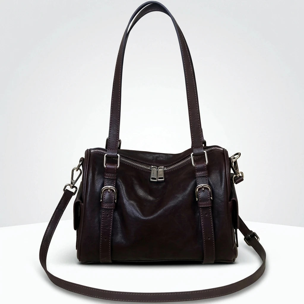 2026 New Genuine Leather Women's Handbags Boston Bags Retro Vegetable Tanned Cowhide Ladies Shoulder Bags Crossbody Bags