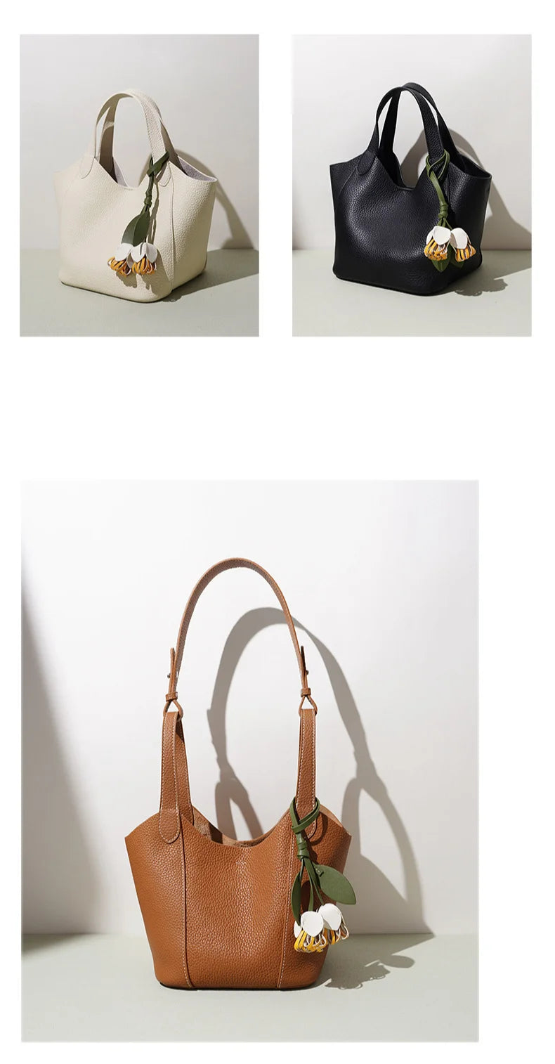 2026 New Genuine Leather Women's Handbags Casual Fashion Women's Shoulder Bags Crossbody Bags Lychee Grain Cowhide Bucket Bags